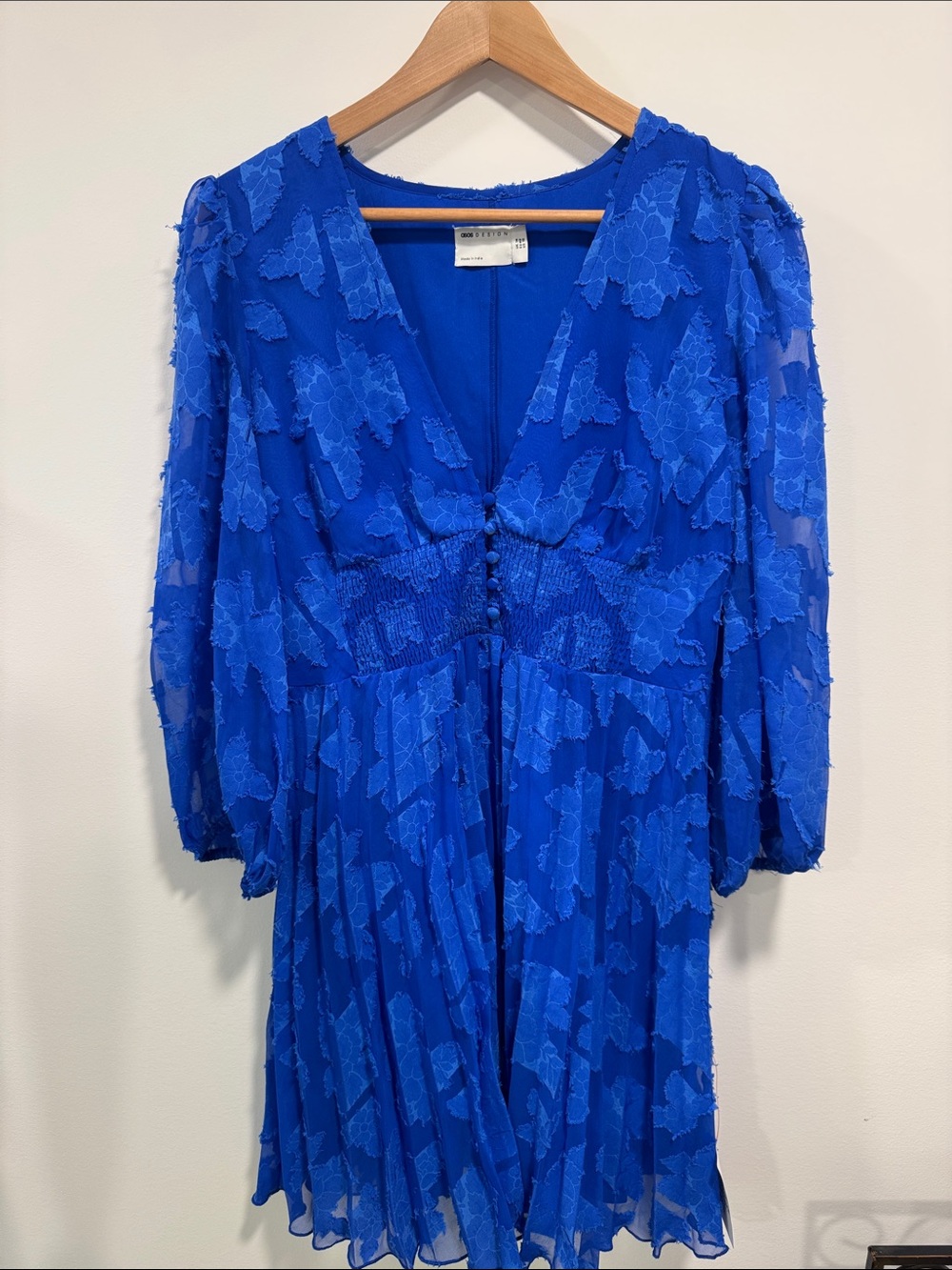 ASOS Cobalt Blue Floral Appliqué V-Neck Long Sleeve Dress